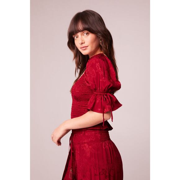 Band Of The Free Ruffle Smocked Crop Top XS Floral Red Puff Sleeve Boho Festival - Picture 2 of 11